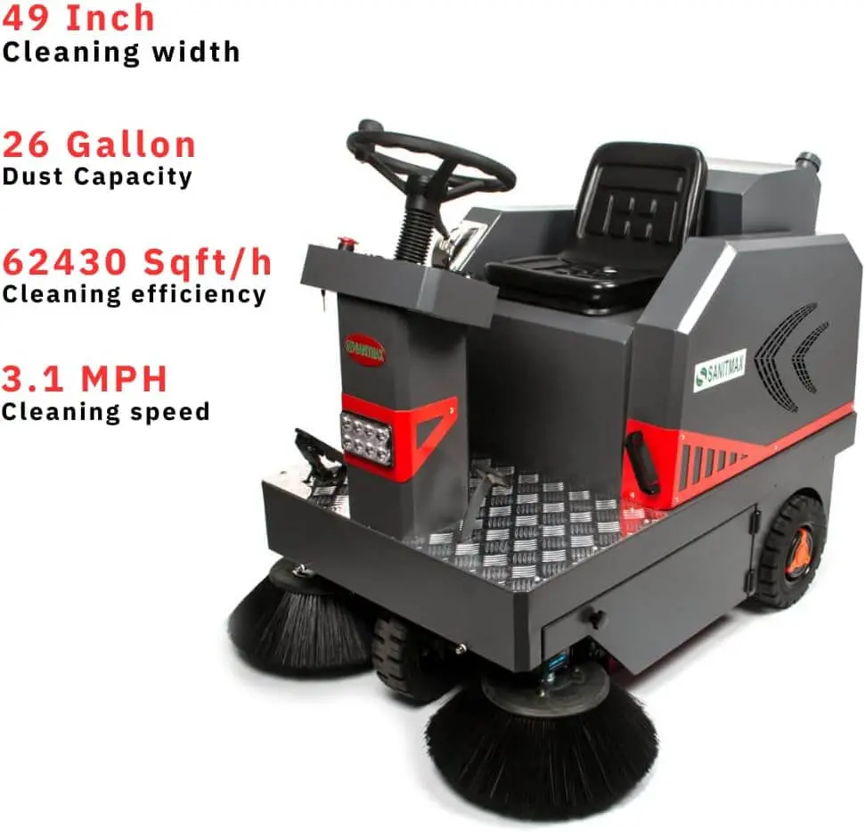 Sm1250 49" Ride-On Industrial Floor Sweeper, 26 Gal Dustbin, Battery Powered Floor Cleaning Machine, 69000 Sqft/H Efficiency 2