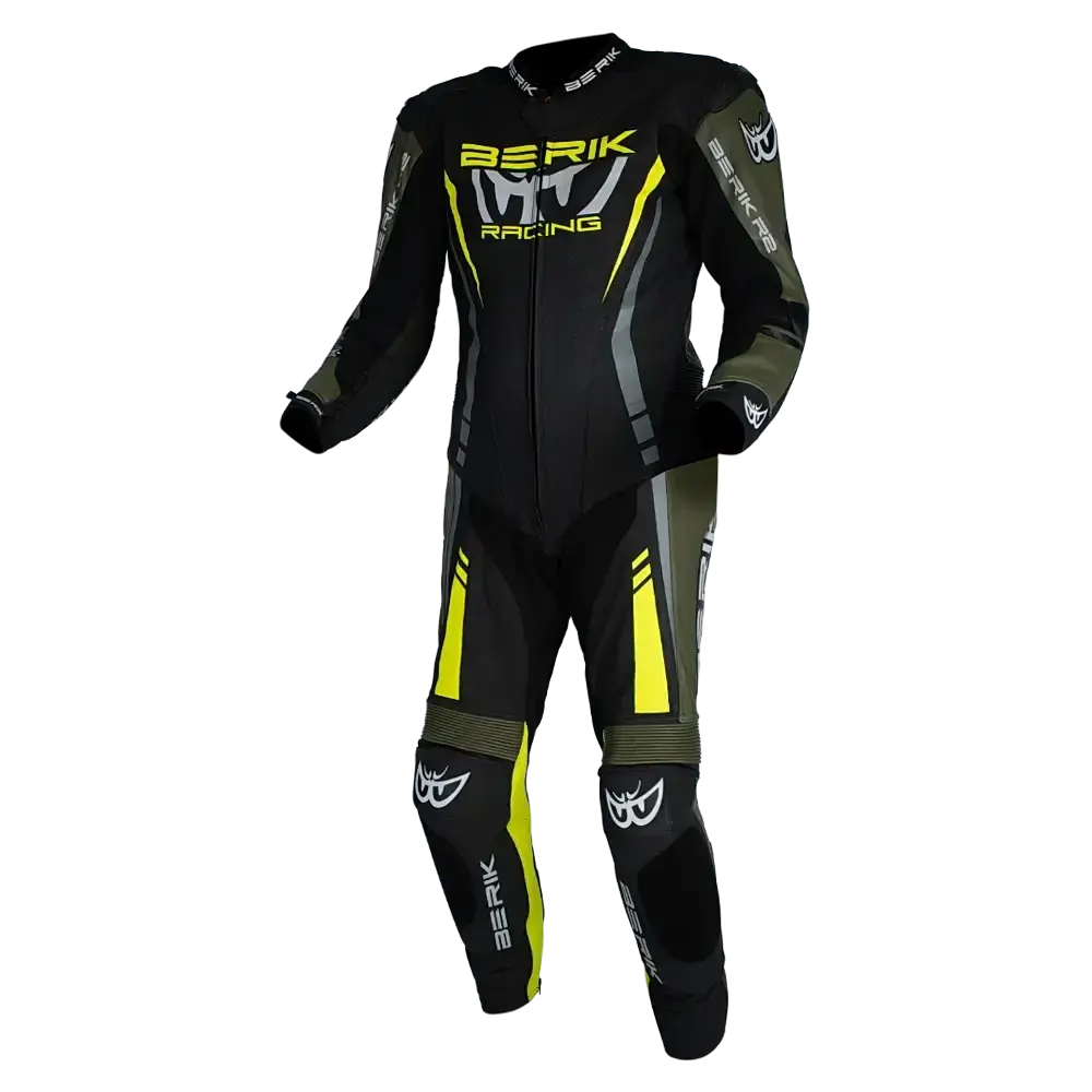 Berik Sicily One-Piece Leather Race Suit - Black/Army/Hi-Viz 1