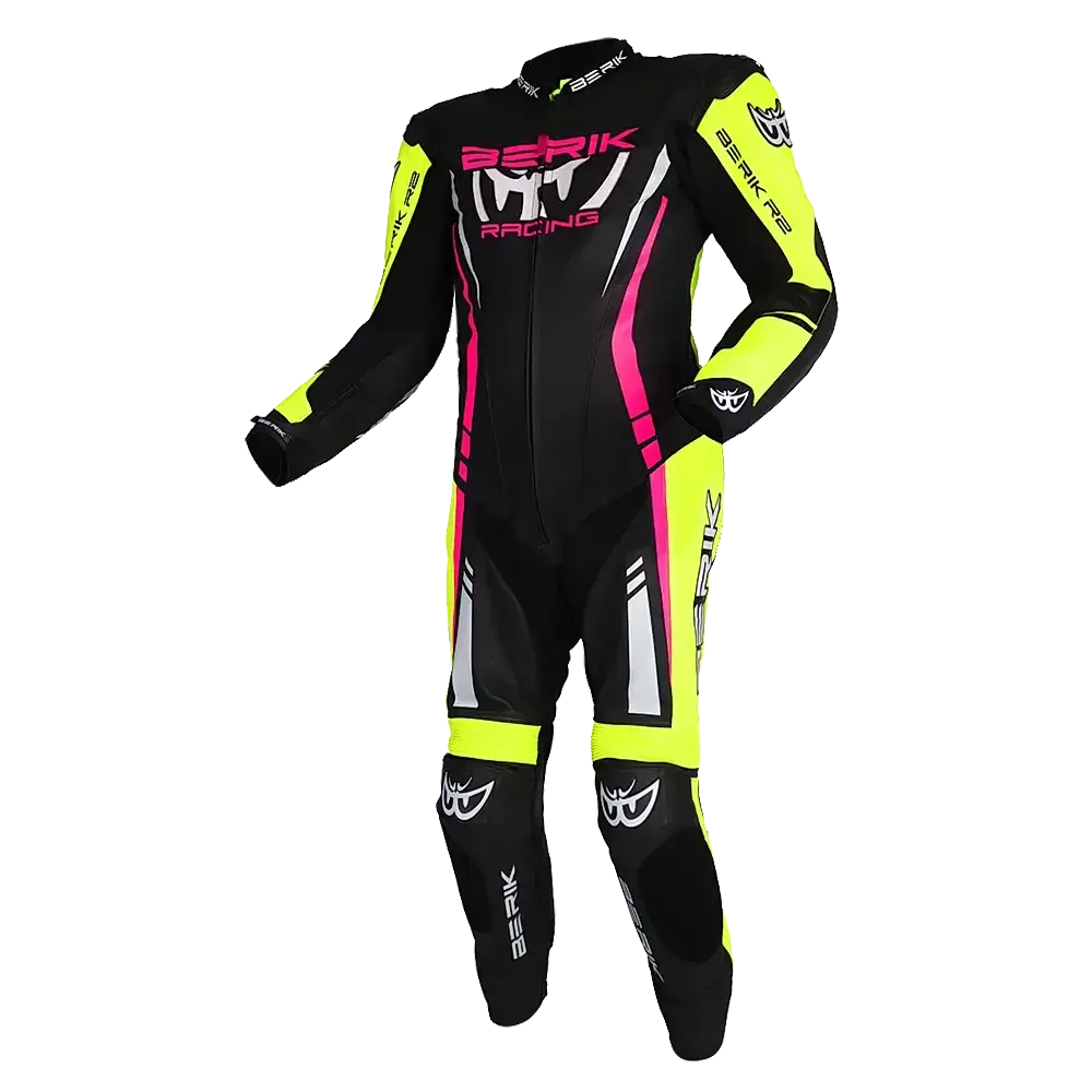 Berik Sicily One-Piece Leather Race Suit - Black/Hi-Viz/Pink 1