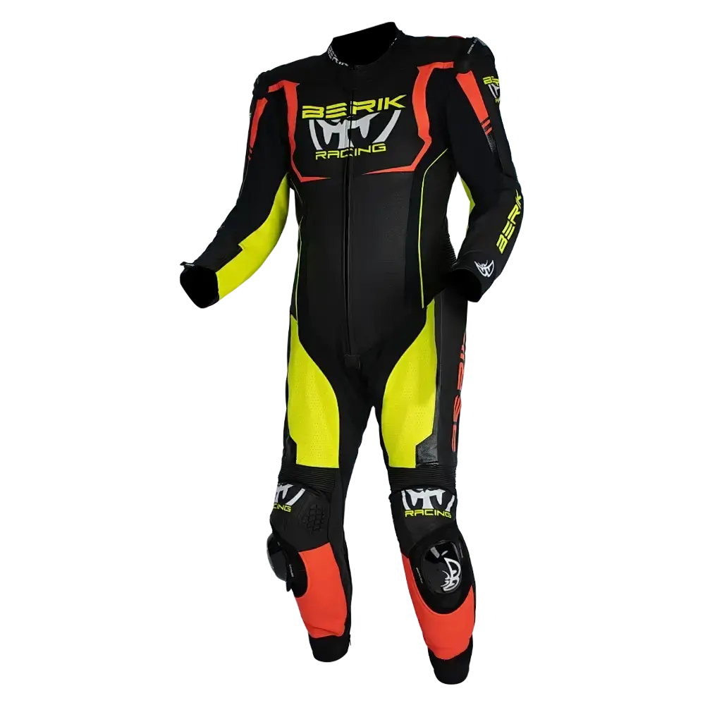 Berik Mugello One-Piece Leather Race Suit - Black/Hi-Viz/Red 1