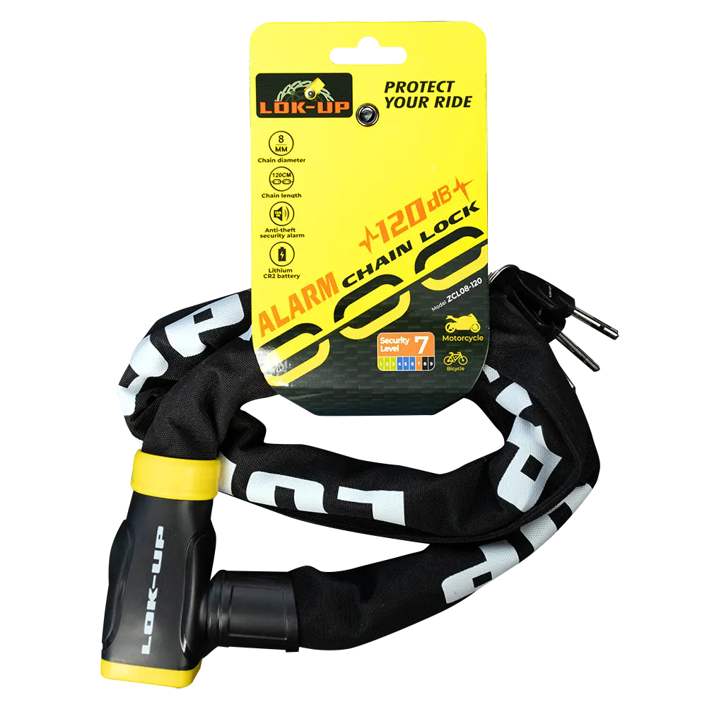 Lok-Up Chain & 'Built-In Alarm Lock 120Db' (8Mm X 8Mm X 1.2M) Black/Yellow (Heat-Hardened Chain) #Zcl 1