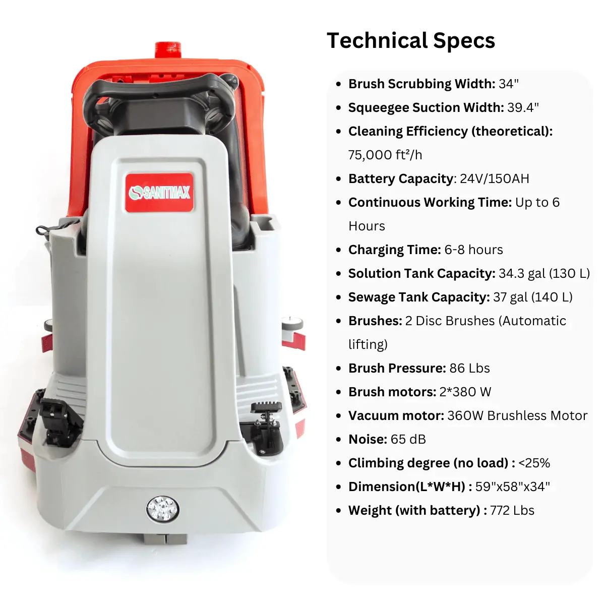 Sm860 Ride-On Commercial Floor Scrubber Dryer Machine, 34" Dual Brushes, 37-Gal Sewage Tank, 80,000 Sqft/H Cleaning Efficiency 2