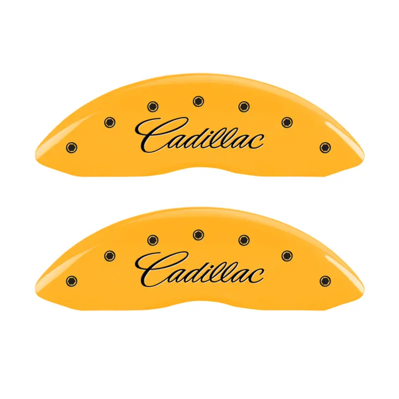 Mgp Engraved 4-Piston Caliper Covers – Front (Cursive Logo), Rear (Cadillac Logo), Yellow-On-Black Finish For Cts 1