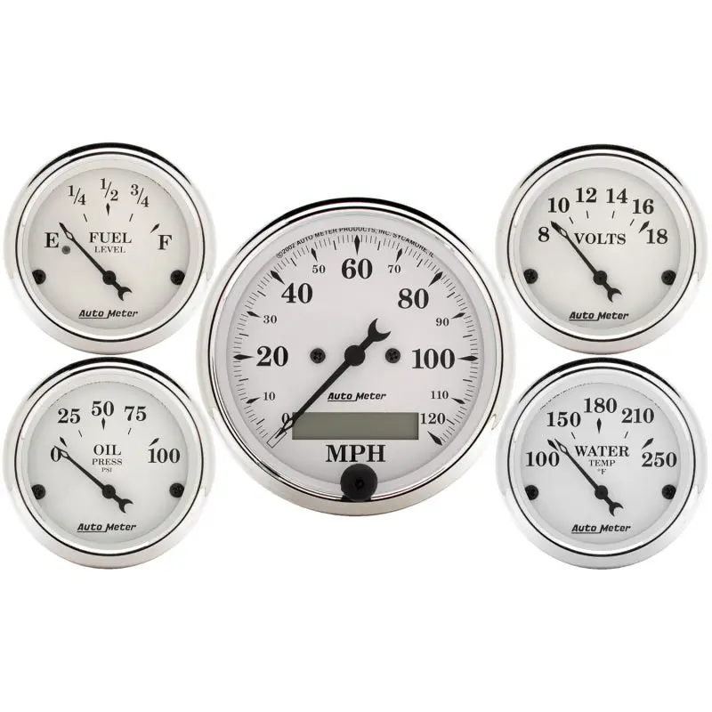Autometer Old Tyme White 5-Piece Electric Gauge Kit – Speed, Oil Pressure, Water Temp, Voltage, Fuel Level (In-Dash Mount) 1
