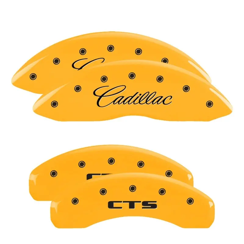 Mgp Engraved 4-Piston Caliper Covers – Front (Cursive Logo), Rear (Cadillac Logo), Yellow-On-Black Finish For Cts 2